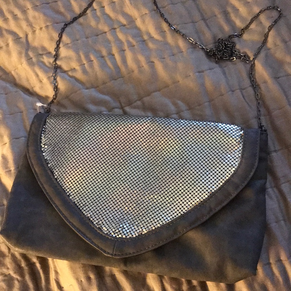 Dark gray silver sequined  clutch with chain strap
